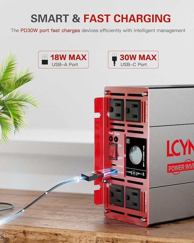 3000 Watts Pure Sine Wave Power Inverter 24V DC to 110V 120V AC Converter for Home RV Off Grid Truck Solar System Inverters with Type-C PD30W USB QC3.0 Port 4 AC Outlets LCD Display and Remote Control