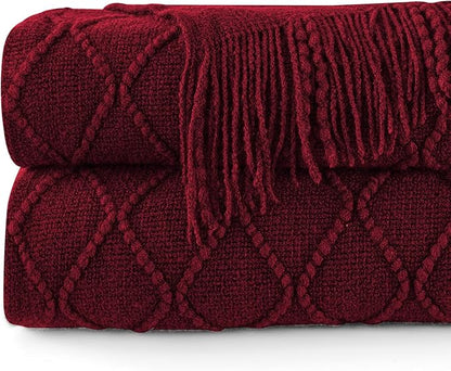 inhand Knitted Throw Blankets for Couch and Bed, Soft Cozy Knit Blanket with Tassel, Claret Lightweight Decorative Blankets and Throws, Farmhouse Warm Woven Blanket for Men and Women, 50"x60"