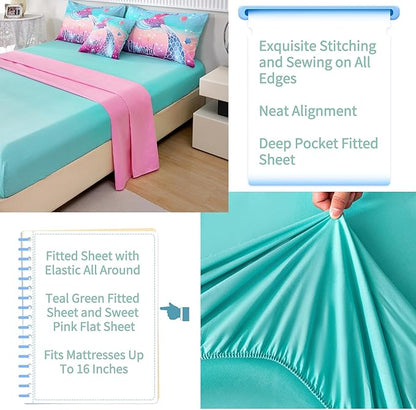 RYNGHIPY Kids Girls Comforter Set 6Pcs, Mermaid Bed in a Bag Full Size, Fish Tail Print Teens Girls Bedding Set, Rainbow Bedding Collections