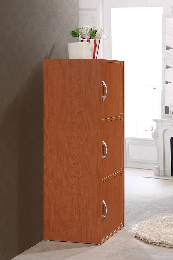 HODEDAH 3 Door Bookcase Cabinet, Cherry