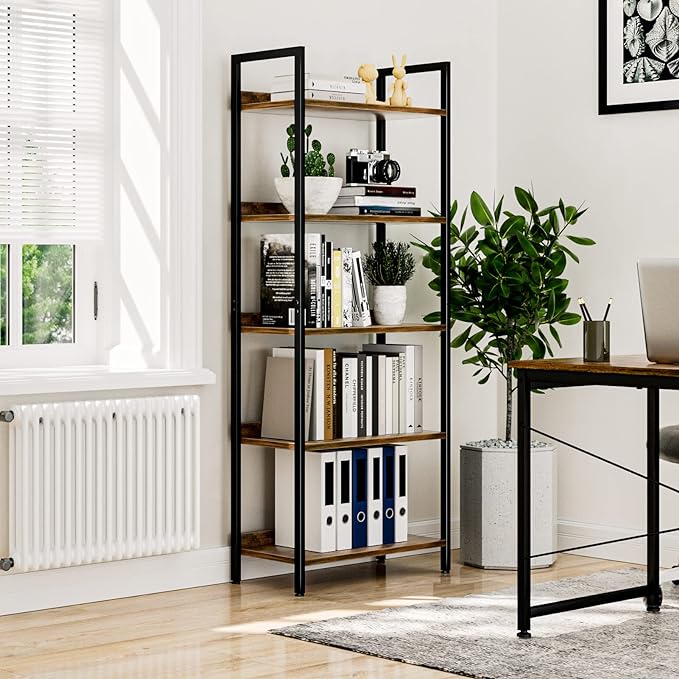 NUMENN Bookshelf, 5 Tier Bookshelves, Home Office Bookcase Shelf Storage Organizer, Free Standing Storage Shelving Unit for Bedroom, Living Room and Home Office, Vintage