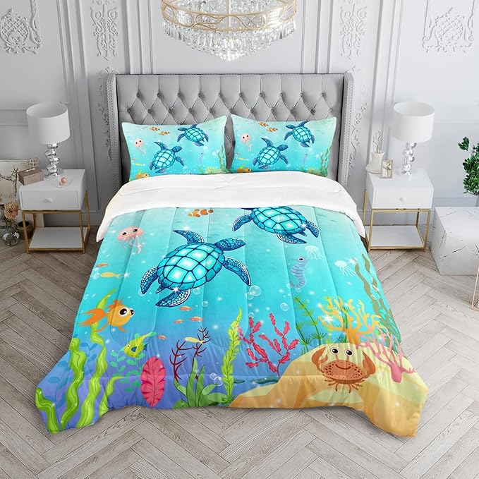 Turtle Comforter Set Queen Ocean Watercolor Sea Turtle Bedding Set Nautical Sea Animal Reptile Bed Set with 2 Pillowcases for Kids Room Decor