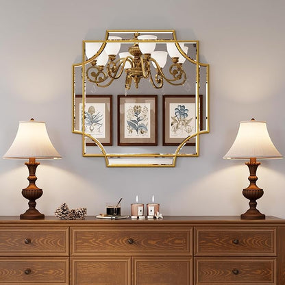 Kelly Miller Gold Framed Mirror for Wall, 26"x26" Gold Square Wall Mirror Vanity Mirror Decorative Mirror Beveled Wall Decor for Bathroom Powder Room Living Room Bedroom Bedside Table Entryway Hallway