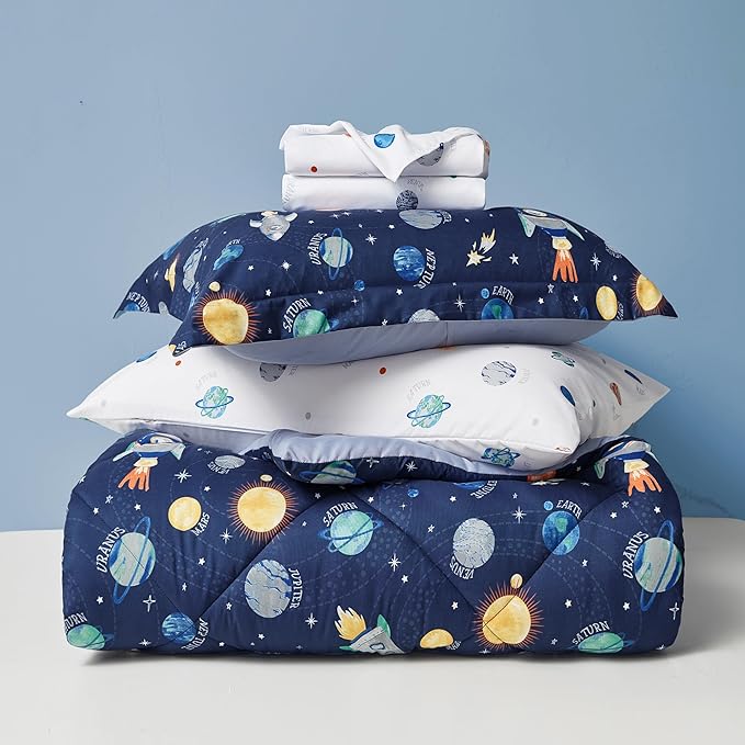 Kids Bedding Set for Boys, Twin Size 5 Pieces Space Themed Bed in a Bag, Super Soft Lightweight Microfiber Comforter Set with Sheets, Hotel Quality Durable Children Bed Set