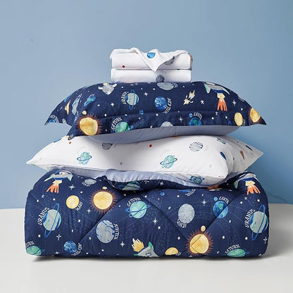 Kids Bedding Set for Boys, Queen Size 7 Pieces Space Themed Bed in a Bag, Super Soft Lightweight Microfiber Comforter Set with Sheets, Hotel Quality Durable Children Bed Set