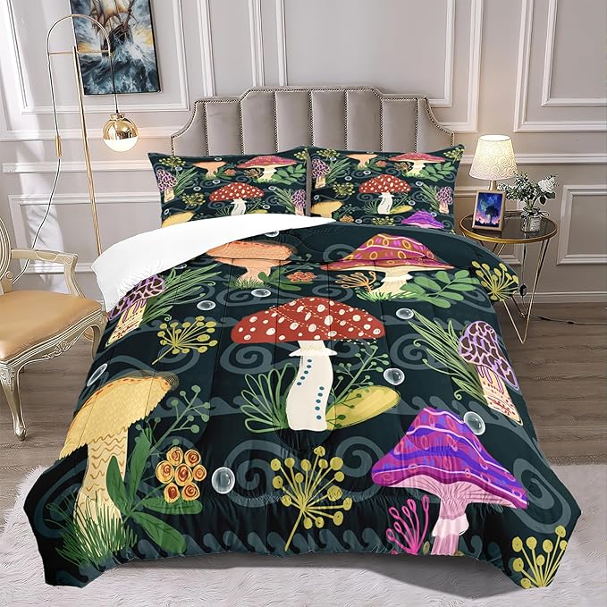 Mushroom Comforter for Girls Boys Teen, Cartoon Fungus Bedding Set Full Size, Cute Plants Pattern Black Comforter Set Soft Breathable Microfiber Quilt for All Season 3Pcs with Pillowcases