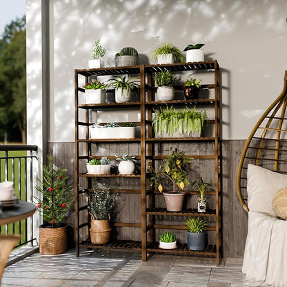 Bookcase, Bamboo Bookshelf, 6-Tier Adjustable Tall Open Book Shelf, Free Standing Storage Shelves Organizer, Flower Plant Display Stand, Walnut