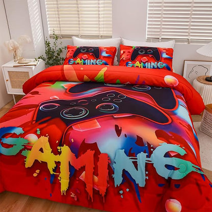 Aimuan Gaming Comforter Sets for Boys Kids Bedding Sets Video Games Console Action Buttons Novelty Colorful Game Gamepad Controller Modern Gamer Room Decor Home Quilt Set (Full, Red)