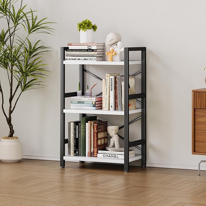 Bookshelf, 3 Tier Industrial Bookcase, Metal Small Bookcase, Rustic Etagere Book Shelf Storage Organizer for Living Room, Bedroom, and Home Office(White) Patent Pending D29873033