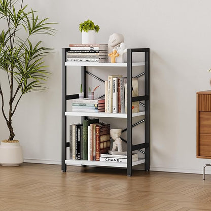 Bookshelf, 3 Tier Industrial Bookcase, Metal Small Bookcase, Rustic Etagere Book Shelf Storage Organizer for Living Room, Bedroom, and Home Office(White) Patent Pending D29873033