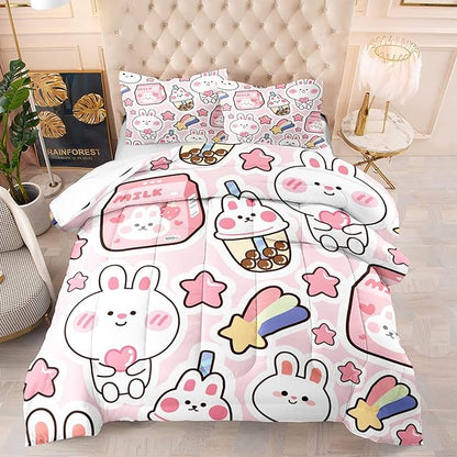 CVHOUSE Kawaii Bedding Queen Size,Kawaii Rabbit Bedding Set for Girls Kids,Cute Rabbit Comforter Set Kawaii Rabbit Duvet Set Rabbit Pattren Quilt Set Girls Room Decor 3 Pieces