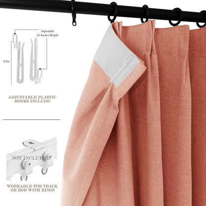 70" W x 108" L Faux Linen Room Divider Curtains, Full Blackout Pinch Pleated Drapes for Traverse Rod, Bedroom Divider Privacy Drapery with Hooks for Ceiling Track, 1 Panel, Orange