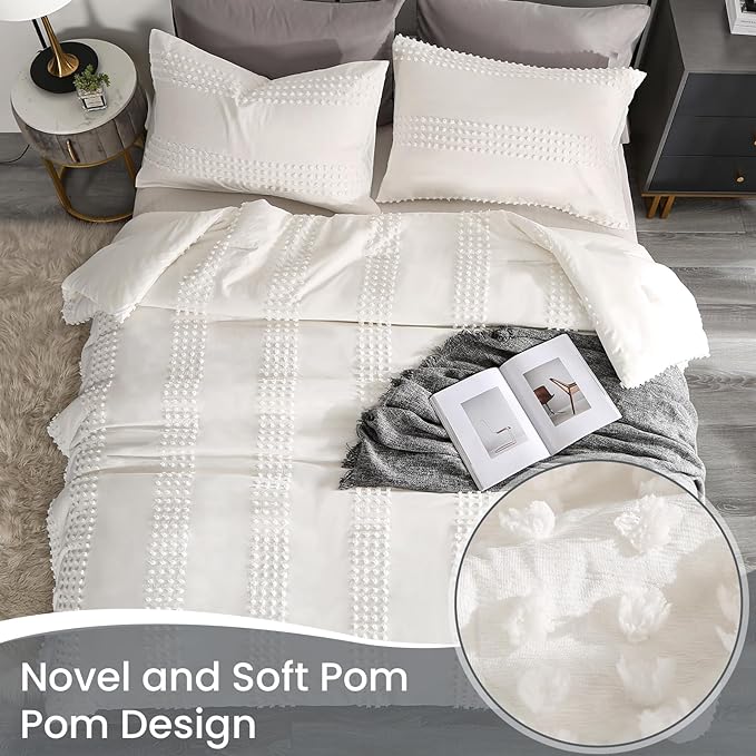 ENJOHOS White Full Size Comforter Bedding Set, 3 PCS Boho Comforter with Tufted Dots, Shabby Chic Bedding Comforter for All Season, Lightweight Fluffy Microfiber Comforter with 2 Pillowcases