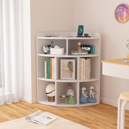 Vecelo Corner Cabinet with Charging Station, 3-Tier Bookcase Cube Storage Organizer with USB Outlets, Triangle Corner Bookcases with 8 Cubbies for Playroom, Bedroom, Living Room, Pearl White