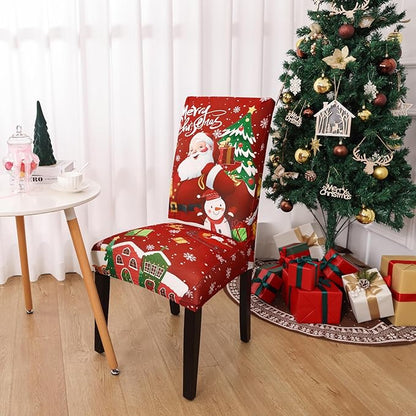 U'Artlines Christmas Chair Covers Set of 4, Removable Washable Merry Christmas Dining Chair Seat Covers Stretch Protector Slipcovers for Dining Room Kitchen Holiday Party Decor, Santa Claus
