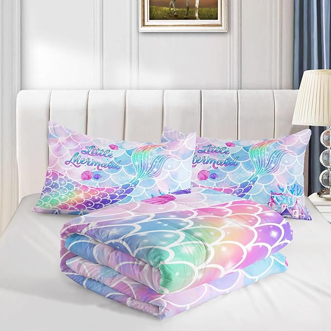 Datura home Bedding Comforter Set Rainbow Purple Mermaid Tail Printed Comforter Set with 1 Comforter and 2 Pillowcases for Girls Bedroom All Season(Rainbow Purple Queen)