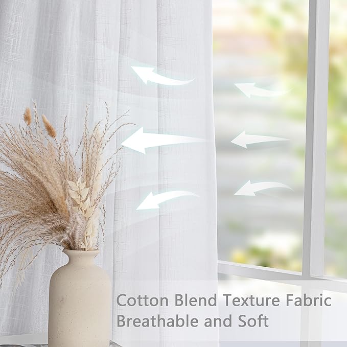 MYSKY HOME White Curtains for Living Room, Semi Sheer Curtains & Drapes Light Filtering Farmhouse Country Boho Style Back Tab Draperies for Sliding Glass Door (Customsize, Pure White)