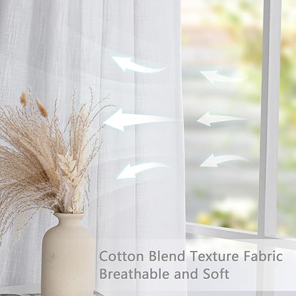 MYSKY HOME White Curtains for Living Room, Semi Sheer Curtains & Drapes Light Filtering Farmhouse Country Boho Style Back Tab Draperies for Sliding Glass Door (Customsize, Pure White)