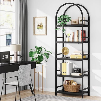 Tribesigns 5-Tier Open Bookshelf, 74.4" Wood Bookcase Storage Shelves with Metal Frame, Freestanding Display Rack Tall Shelving Unit for Office, Bedroom, Living Room, Easy Assembly(Black, 1PC)