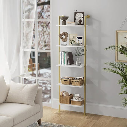5-Tier Bookshelf Solid Wood Ladder Shelf, Narrow Book shelf Display Shelf, Wooden Ladder Shelf Bookcase, Wall Mount Ladder Shelf, Storage Rack for Living Room, Bedroom, Bathroom, White and Gold