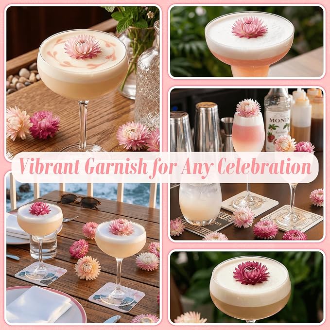 50+ Pcs Edible Pink Dried Flowers, Food Grade Helichrysum Strawflowers | Natural Edible Dried Flowers for Garnishing Cocktails, Cake Decorations, Drink Botanicals, Tea Infusions and DIY Crafts