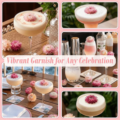 50+ Pcs Edible Pink Dried Flowers, Food Grade Helichrysum Strawflowers | Natural Edible Dried Flowers for Garnishing Cocktails, Cake Decorations, Drink Botanicals, Tea Infusions and DIY Crafts