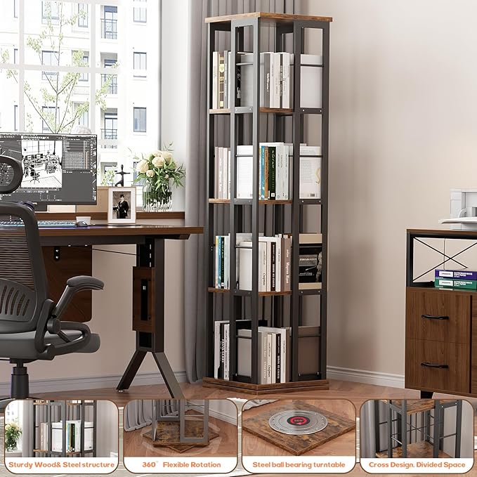 Aheaplus Rotating Bookshelf, Corner Bookshelf, 360 Display Wood Spinning Bookshelf, Floor Standing Bookcase Narrow Shelf Revolving Organizer Storage Rack for Small Space, Bedroom, Study Room