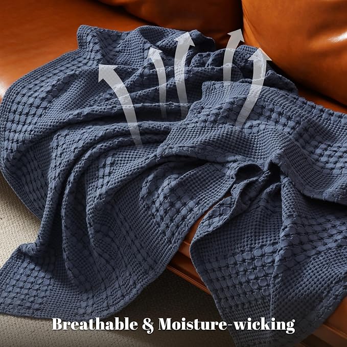 PHF 100% Cotton Waffle Weave Throw Blanket, Soft Lightweight Breathable Cozy Summer Throws for Couch Bed Sofa, Luxury Aesthetic Woven Blanket for Home Decor & Office, 50"x60", Dark Navy