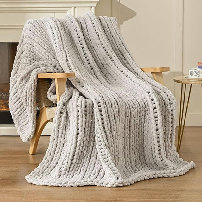 Esterra 100% Hand Knitted Chenille Throw Blanket, Cozy Soft Thick Cable Knit Throw, 40x50 Inches, Light Gray