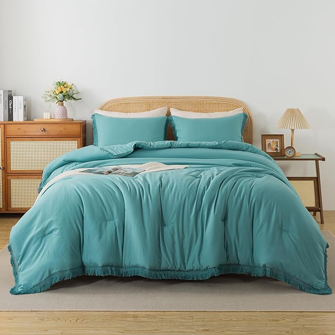 Andency Aqua Tassel Comforter Set Queen(90x90Inch), 3 Pieces(1 boho Comforter, 2 Pillowcases) Farmhouse Shabby Chic Comforter Set, Soft Microfiber Lightweight Fringe Bedding Comforter Set