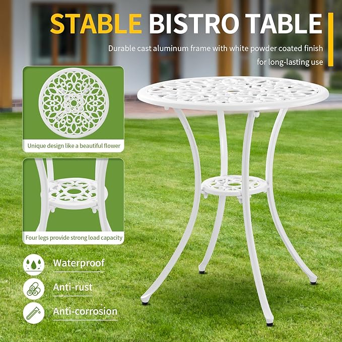 Patio Bistro Sets, Cast Aluminum Bistro Table and Chairs Set of 2 with Umbrella Hole, Bistro Set 3 Piece Outdoor, Metal Patio Furniture Set for Garden Porch, White