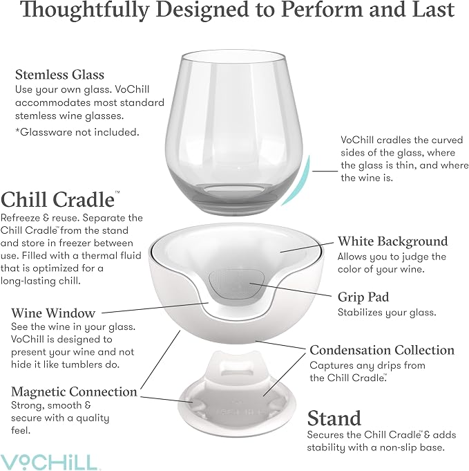 VoChill Stemless Wine Glass Chiller | Keep the Chill In Your Glass | Made In USA | Separable & Refreezable Chill Cradle | Actively Chills Stemless Glassware | Stone, Pair Stemless