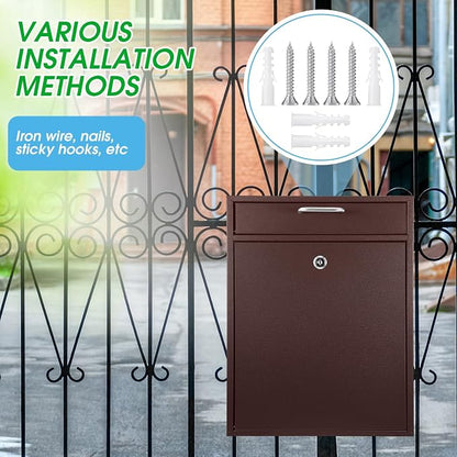 Yaocom Locking Mailbox with Key for Outdoor 18 x 15 x 7 Inches Large Wall Mount Mail Box with Lock Security Mail Drop Metal Collection Boxes Hanging Secure Postbox (Brown)