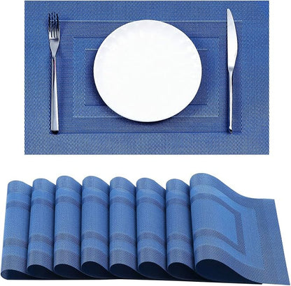 Leetaltree Blue Frame Placemats Set of 8 - Heat Resistant Non-Slip Place mats for Dining Table, Washable Durable PVC Vinyl Woven Table Mats（Blue Frame, 8）