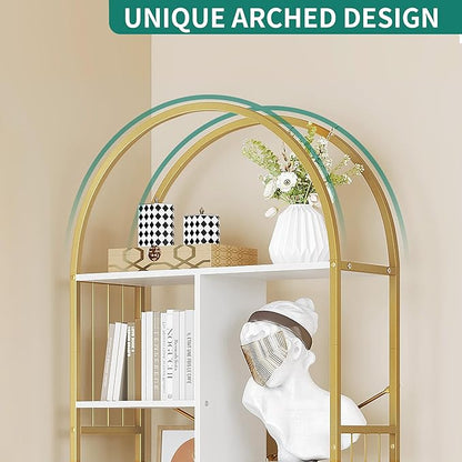YITAHOME Gold Arched Bookshelf and Bookcase, 5 Tier Standing Book Shelf, Storage Display Rack Shelves for Bedroom Living Room Office,White&Gold