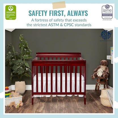 Aden 4-in-1 Convertible Mini Crib in Cherry, Greenguard Gold Certified & Sunset 3” Extra Firm Fiber Crib Mattress, Greenguard Gold Certified