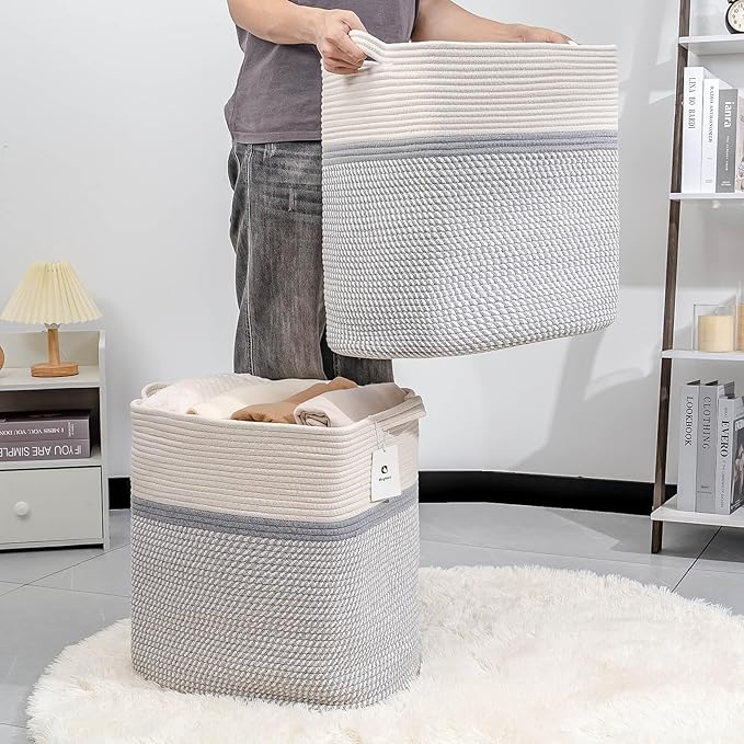 Rectangle Woven Baskets for Storage, Cotton Basket Large Blanket Basket, Laundry Nursery Rope Basket Living Room, Toy Storage Tall Laundry For Organizing, Large Baskets Clothes Collapsible