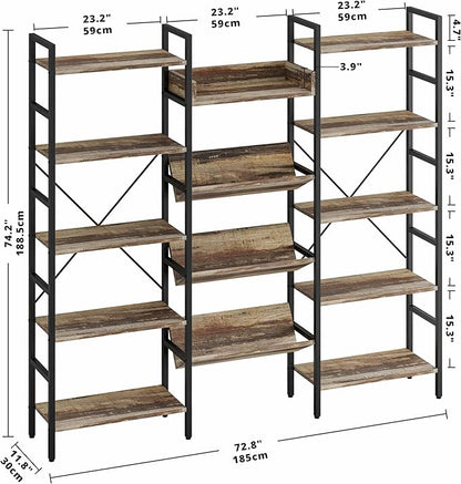 IRONCK Bookcases and Bookshelves Triple Wide 5 Tiers Industrial Bookshelf, Large Etagere Bookshelf Open Record Player Shelves with Metal Frame for Living Room Home Office