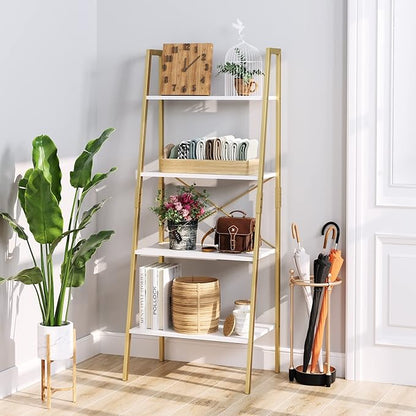 finetones Bookshelf 4 Tier, Wood Bookcase with Metal Frame, Open Display Storage Ladder Shelf, Plant Flower Stand Storage Rack for Home Office White/Gold