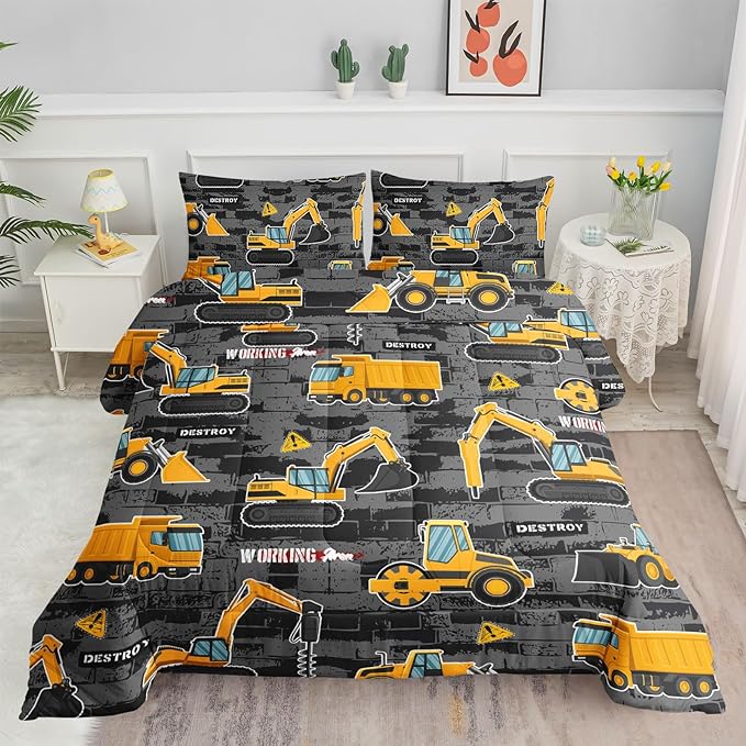 Datura home Kids Engineering Car Bedding Comforter Set Tractor Truck Printed Pattern Bedding Set with 1 Comforter and 2 Pillowcases for Boys Bedroom All Season(Truck2 Full) Full 80x90inches
