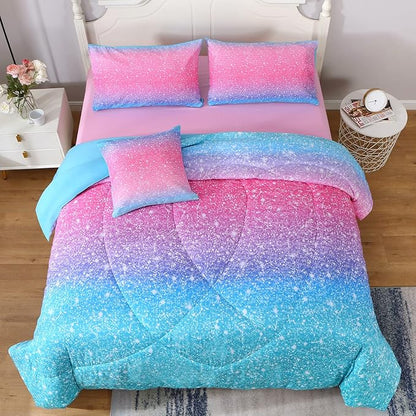 JQinHome Glitter Comforter Set Queen Size, 6 Piece Bed in A Bag 3D Colorful Duvet Pink Blue Bedding Set for Girls Women (1 Comforter,2 Pillowcases,1 Flat Sheet,1 Fitted Sheet,1 Cushion Cover)