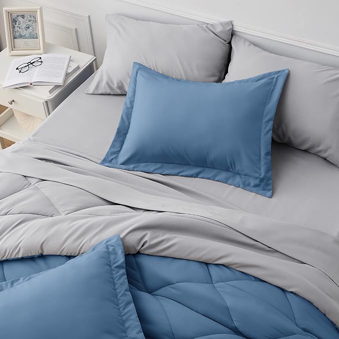 Bedsure Blue California King Comforter Set - 7 Pieces Reversible Bed Set Bed in a Bag California King with Comforters, Sheets, Pillowcases & Shams, California King Bedding Sets