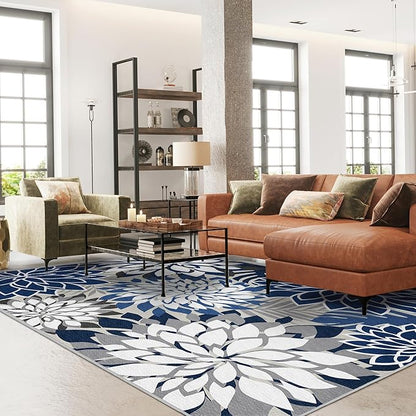 Indoor Outdoor Area Rug Washable Multicolored Patio Rug Tropical Botanical Modern Floral Indoor Outdoor Carpet Blue White Rug Non Slip for Patio, Deck, Backyard, Porch (8x10)