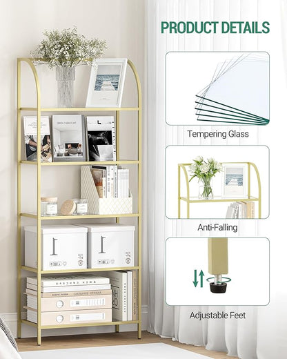 Bookcase Bookshelf, Tempered Glass Arched Bookshelf for More Storage, Slim Shelving Unit for Bedroom, Bathroom, Home Office, Steel Frame, Wide 5 Tier Gold BC22599G