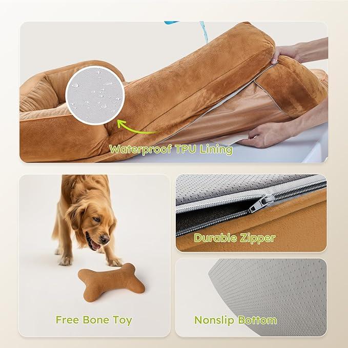 Jumbo Orthopedic Dog Bed for Extra Large Dogs With Cooling Gel Memory Foam, Waterproof, Removable Washable Cover, 45" Sofa Couch, Dutch Velvet With Bone Toy, Brown