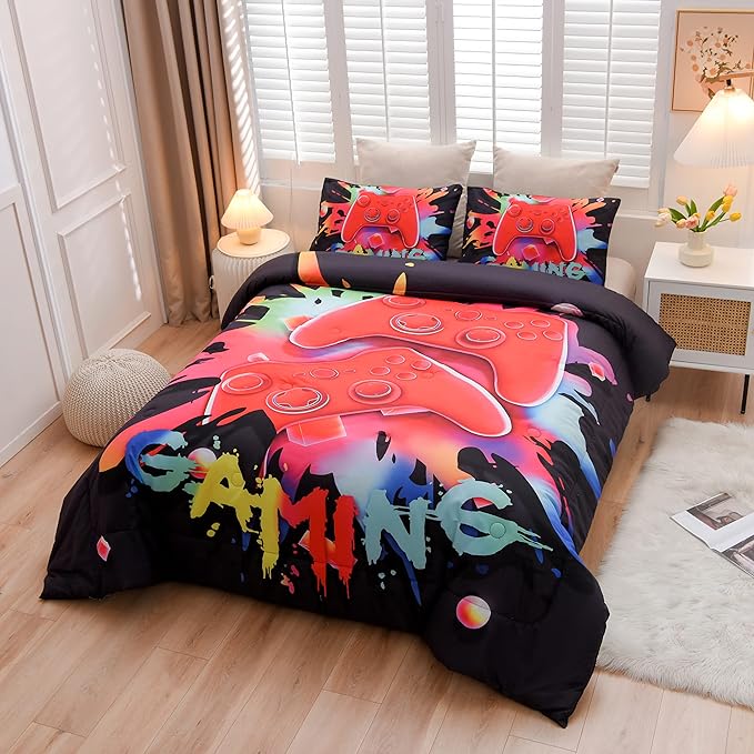 Aimuan Gaming Comforter Sets for Boys Kids Bedding Sets Video Games Console Action Buttons Novelty Colorful Game Gamepad Controller Modern Gamer Room Decor Home Quilt Set (Twin, Black)