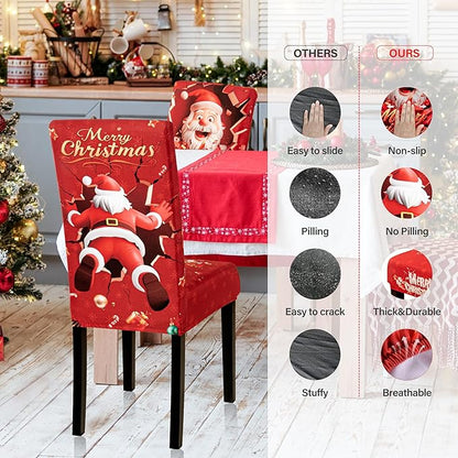 4PCS Christmas Dining Chair Covers Stretch Removable Washable Dining Room Chair Protector Slipcover 3D Print Santa Claus Deer Kitchen Chair Cover Slipcovers Protector for Xmas Holiday Party Home Décor