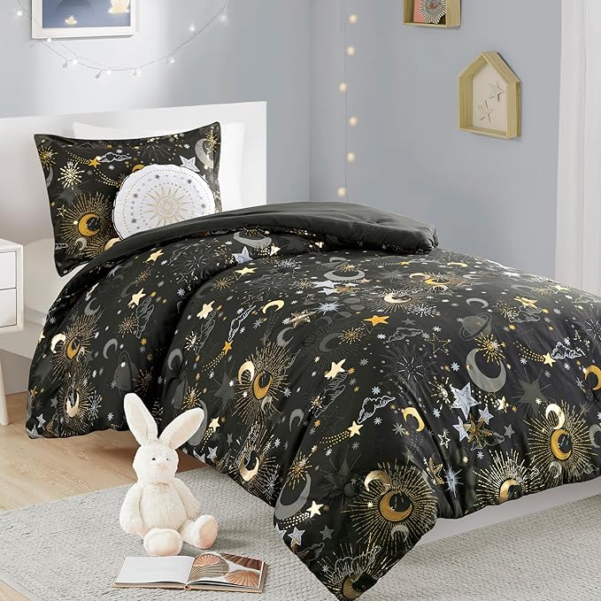 Mi Zone Kids Twin Comforter Set, Celestial Metallic Comforter Set Starry Sky, Moon & Sun Comforter, All Seasons Lightweight & Fluffy Comforter Bed Set, 1 Sham, Celia, Twin Charcoal/Gold 3 Piece