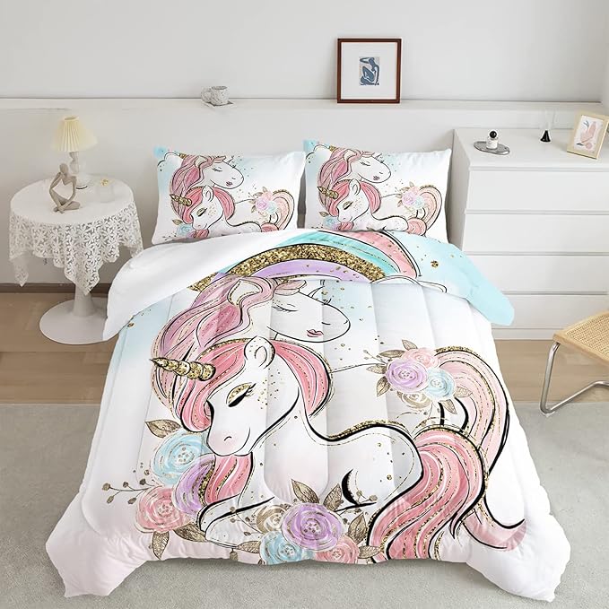 CVHOUSE Unicorn Bedding Full Size,Unicorn Bedding Set for Girls Kids,Cute Unicorn Comforter Set Chrismas Duvet Set Unicorn Quilt Set Girls Room Decor 3 Pieces