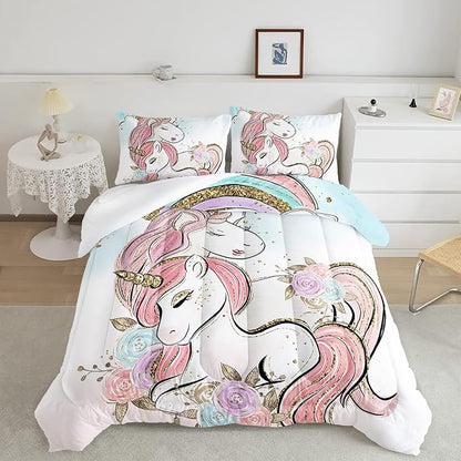 CVHOUSE Unicorn Bedding Full Size,Unicorn Bedding Set for Girls Kids,Cute Unicorn Comforter Set Chrismas Duvet Set Unicorn Quilt Set Girls Room Decor 3 Pieces